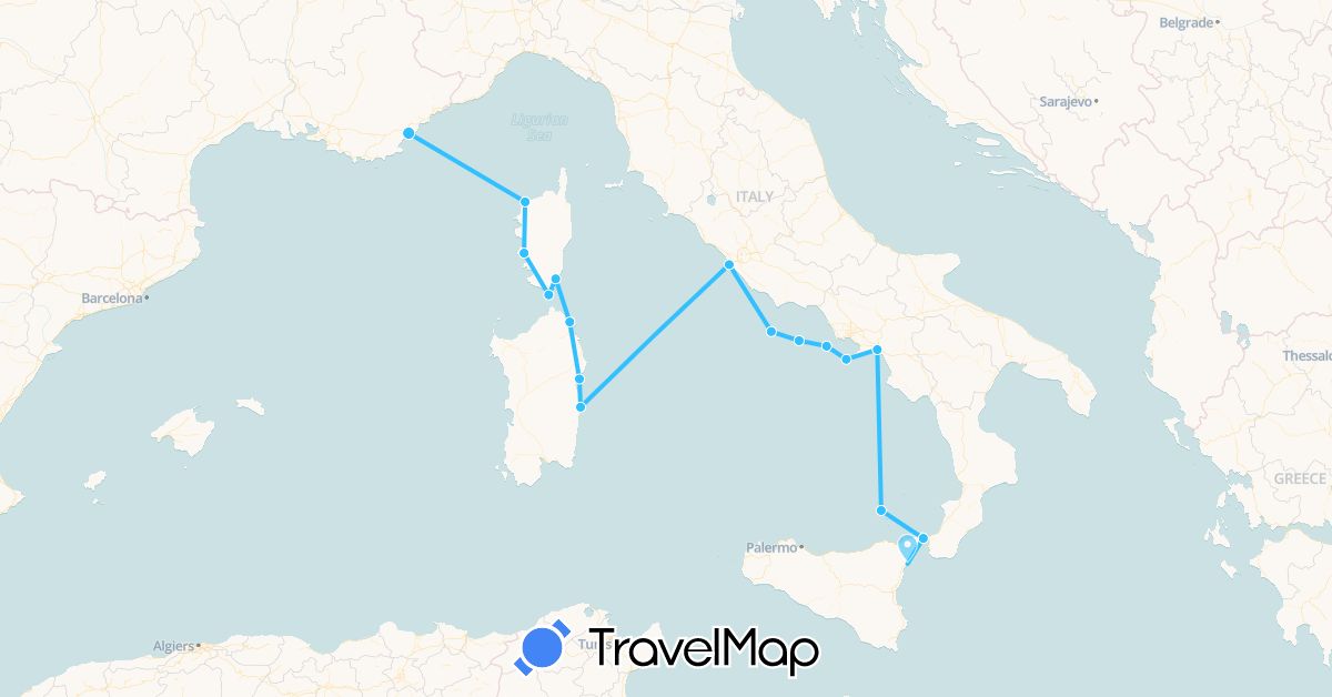 TravelMap itinerary: boat in France, Italy (Europe)